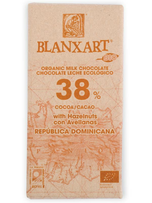 Dominican Republic Milk Chocolate with Hazelnuts, 38% Cocoa, Organic, 150g (Blanxart)