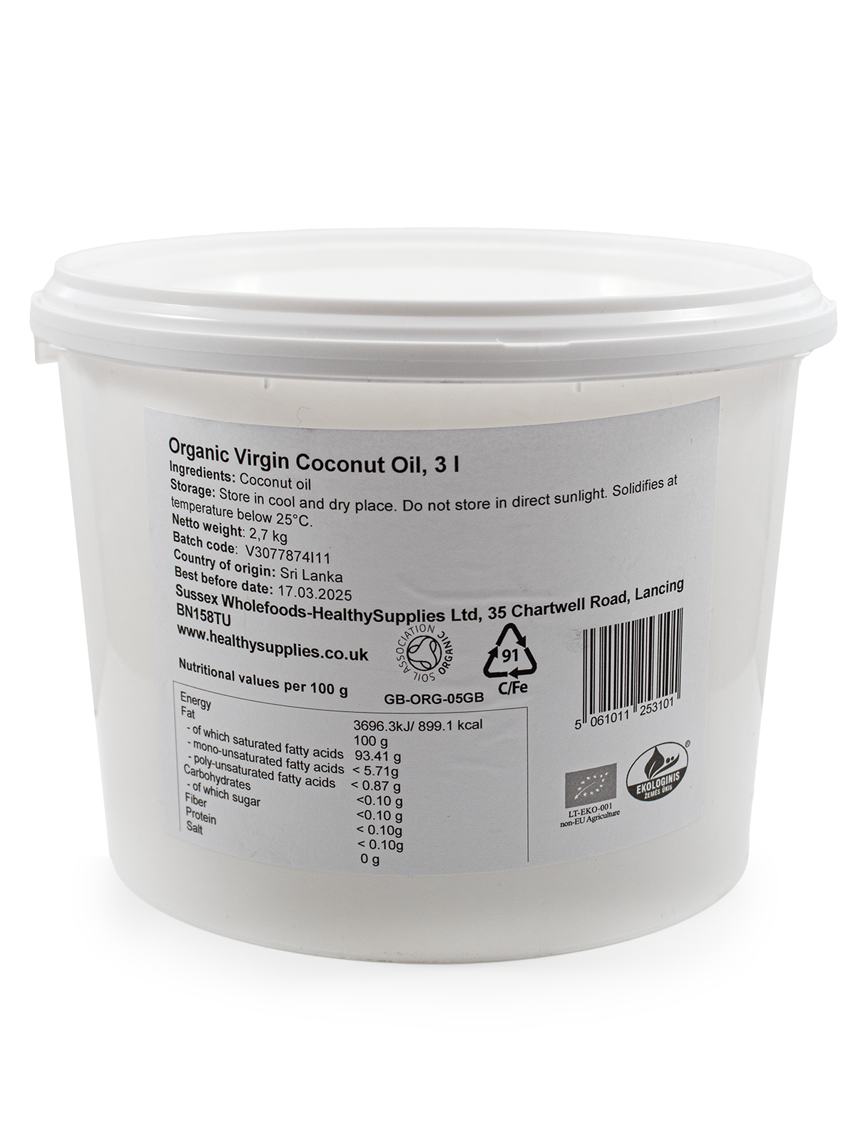 Organic Extra Virgin Coconut Oil 3 Litre (Sussex Wholefoods) Healthy