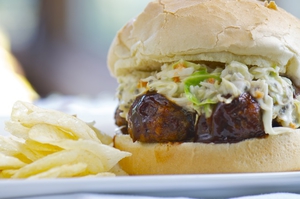 BBQ Lentil Meatball Sandwich with Sweet Miso Coleslaw (via namelymarly.com)