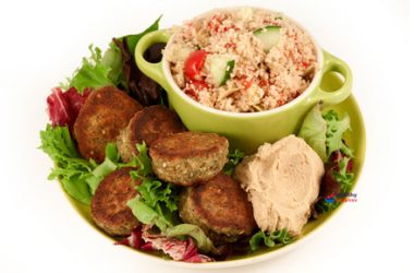 Falafel with Zahtar, Houmous and Cous Cous Salad