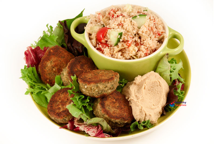 Falafel with Zahtar, Houmous and Cous Cous Salad