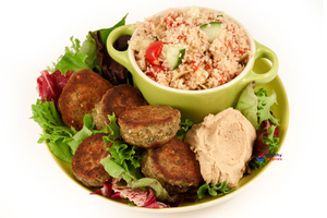 Falafel with Zahtar, Houmous and Cous Cous Salad