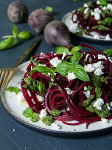 Beetroot Spaghetti with Brazil Nut Pesto and Goats’ Cheese (via hemsleyandhemsley.com)