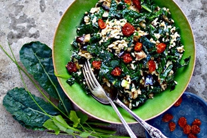 Kale, Eggplant (Aubergine) & Golden Berry Grain Salad (via kelliesfoodtoglow.com)