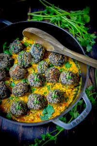 Lentil Meatballs with Fenugreek Sauce (via feastingathome.com)