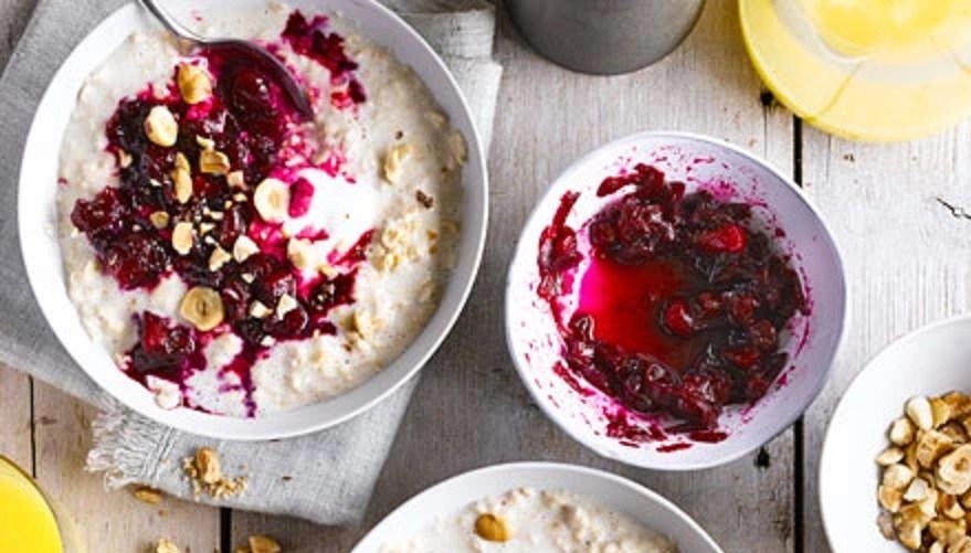 Porridge with beetroot, apple & cranberry compote & toasted hazelnuts (via bbcgoodfood.com)