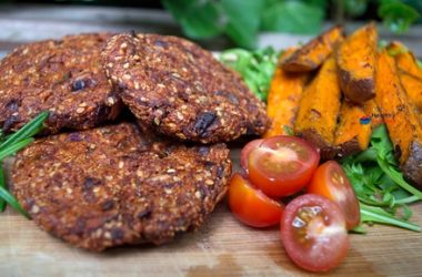 Spicy Amaranth Burgers with Harissa Sweet Potato Wedges