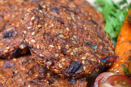 Spicy Amaranth Burgers with Harissa Sweet Potato Wedges