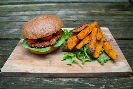 Spicy Amaranth Burgers with Harissa Sweet Potato Wedges