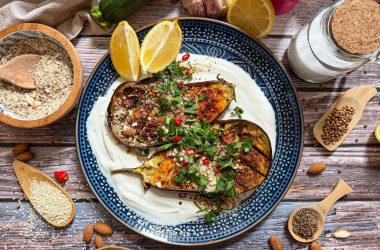 Roasted Aubergine with Almond Dukkah