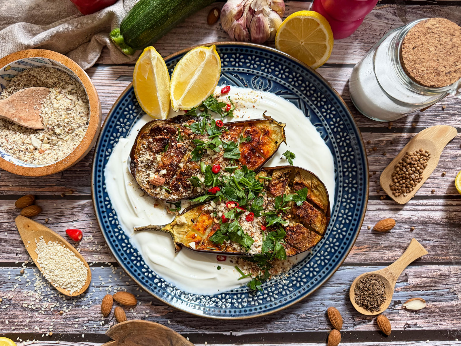 Roasted Aubergine with Almond Dukkah