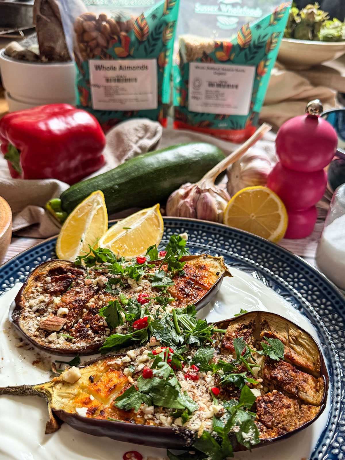 Roasted Aubergine with Almond Dukkah