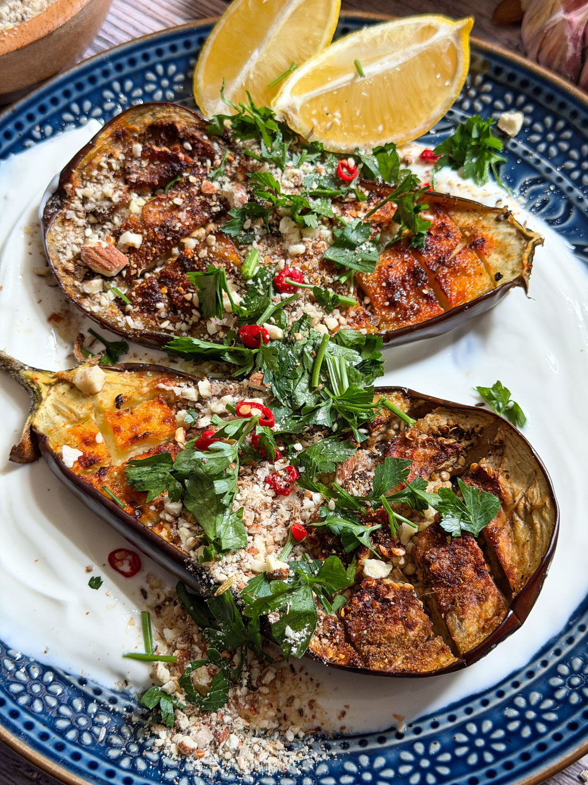 Roasted Aubergine with Almond Dukkah