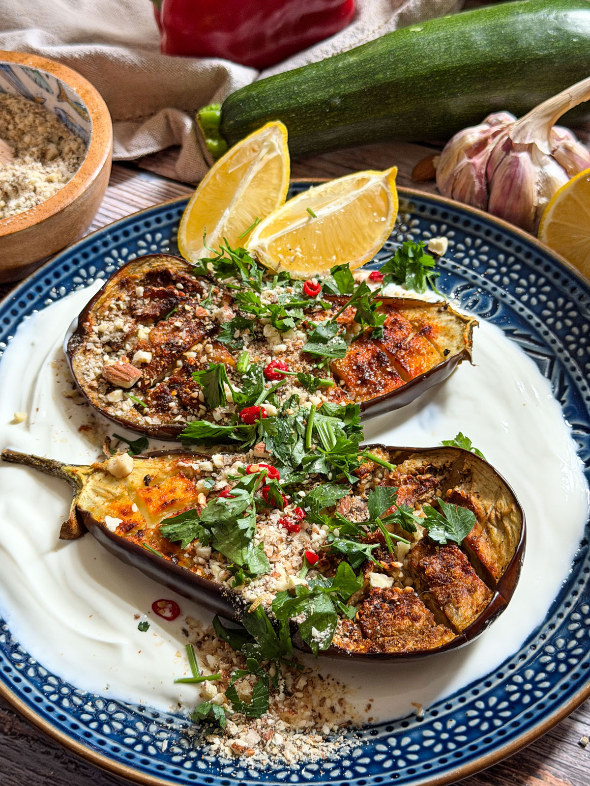 Roasted Aubergine with Almond Dukkah