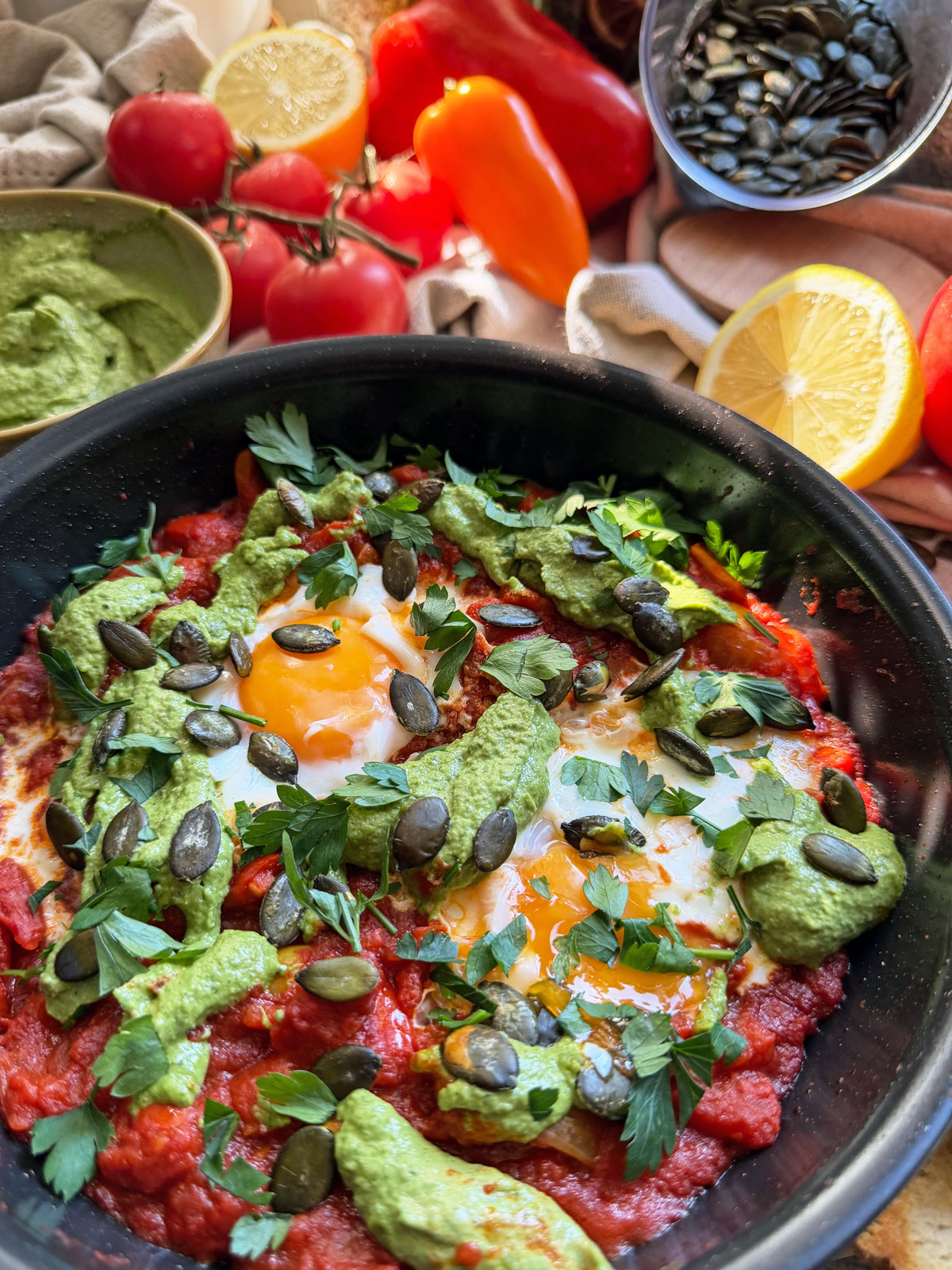 Pumpkin Seed Shakshuka with Green Tahini