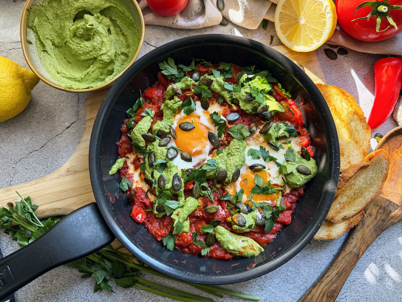 Pumpkin Seed Shakshuka with Green Tahini
