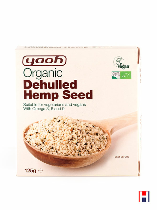 Hulled organic hemp seeds.