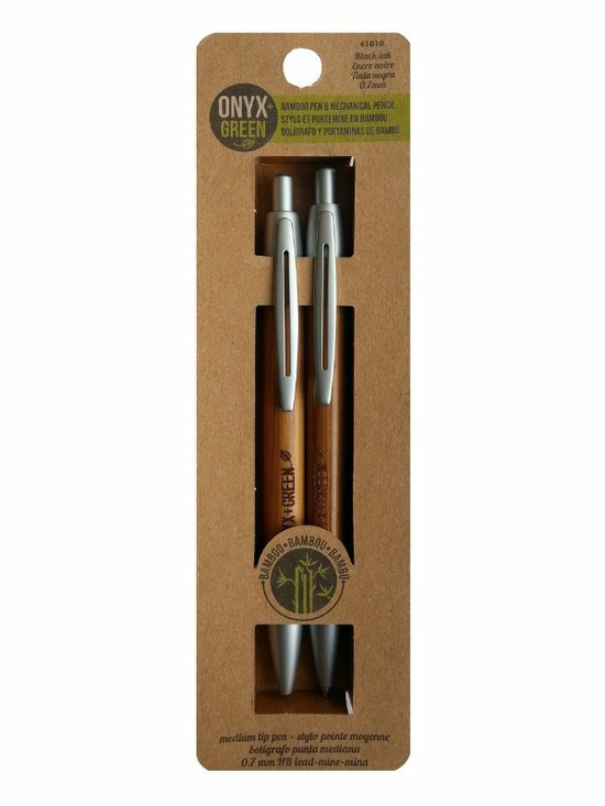 Bamboo Pen and Mechanical Pencil Set, 2 pack (Onyx and Green)