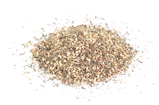 Za'atar with sesame seeds, sumac, thyme, cumin, corriander and salt.