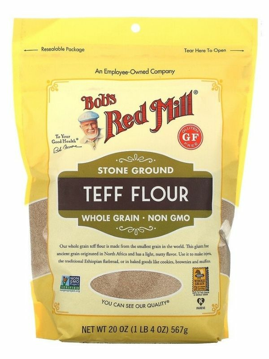 Teff flour is a brownish flour, naturally gluten-free.
