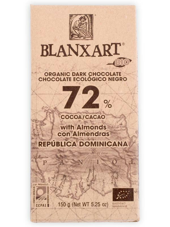 Dominican Republic Dark Chocolate with Almonds, 72% Cocoa, Organic, 150g (Blanxart)
