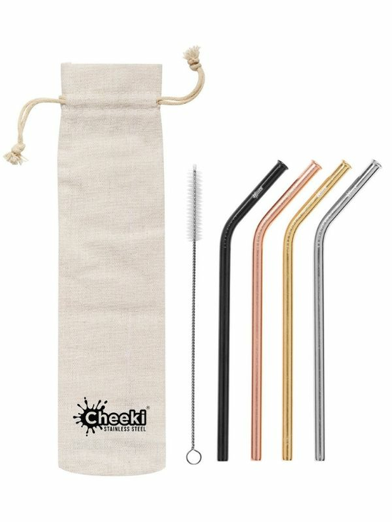 Stainless Steel Straws Bent Pack of 4 (Cheeki)