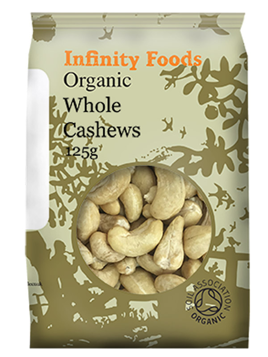 Small snackable bag of organic cashew nuts.