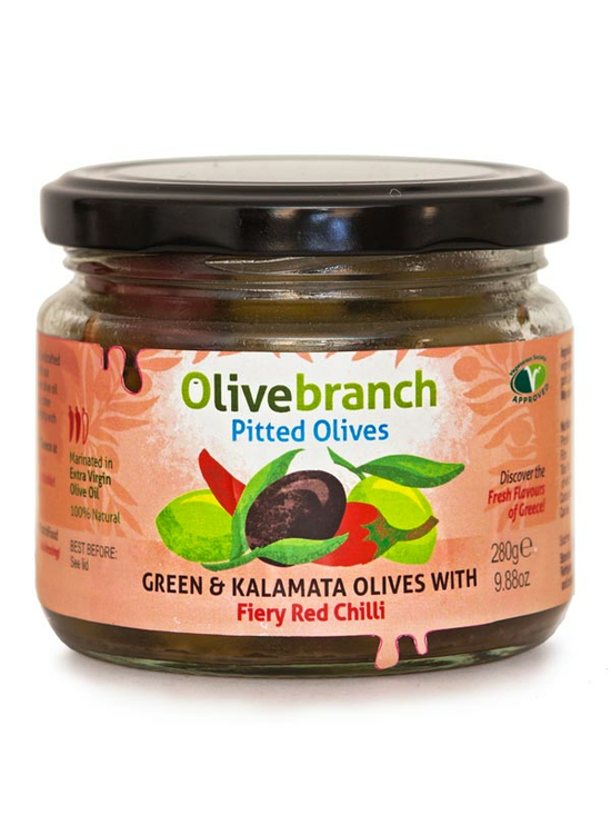 Green & Black Olives with Fiery Red Chilli 280g (Olive Branch)