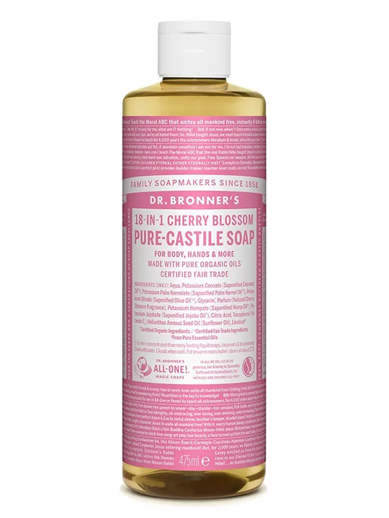 18-in-1 Hemp Cherry Blossom Castile Liquid Soap 475ml (Dr Bronner's)