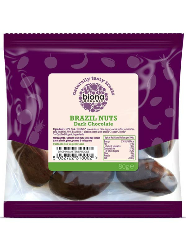 Dark Chocolate Covered Brazil Nuts, Organic 80g (Biona)