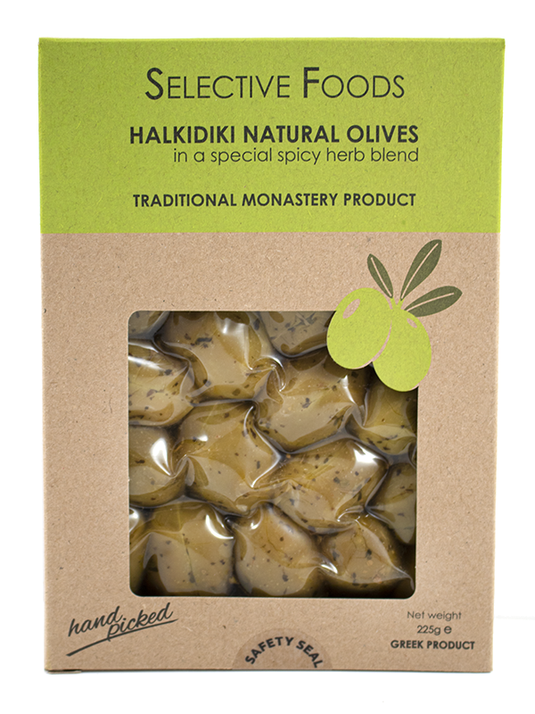 Natural Halkidiki Olives in a Spicy Herb Blend 225g (Selective Foods