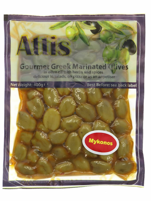 CLEARANCE Mykonos Pitted Hot Green Olives 400g (SALE)