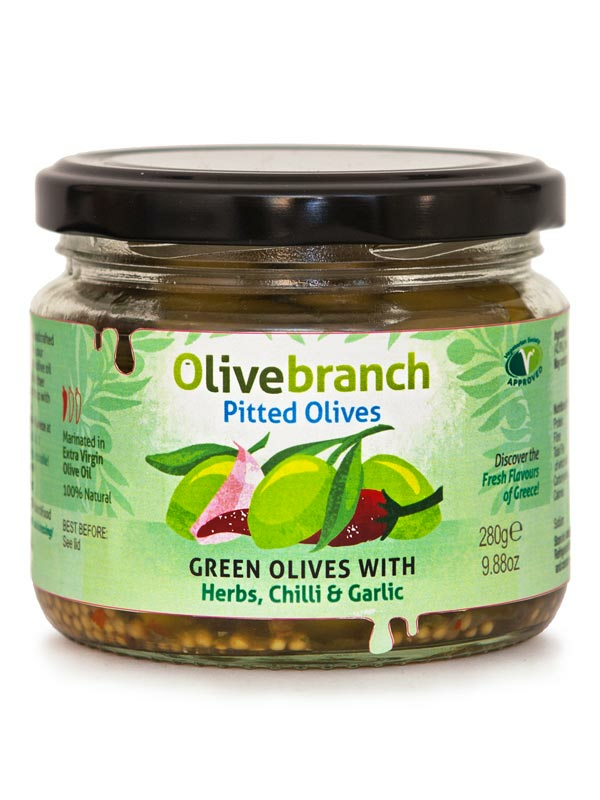 Green Olives with Garlic, Herbs & Chilli 280g (Olive Branch)
