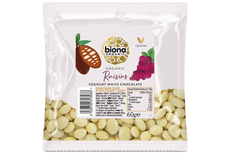 Organic Yoghurt/White Chocolate Coated Raisins 60g (Biona)