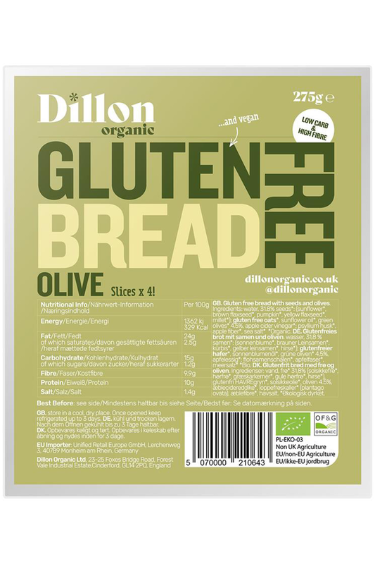 Sliced Gluten Free Olive Bread 275g (Dillon Organic)