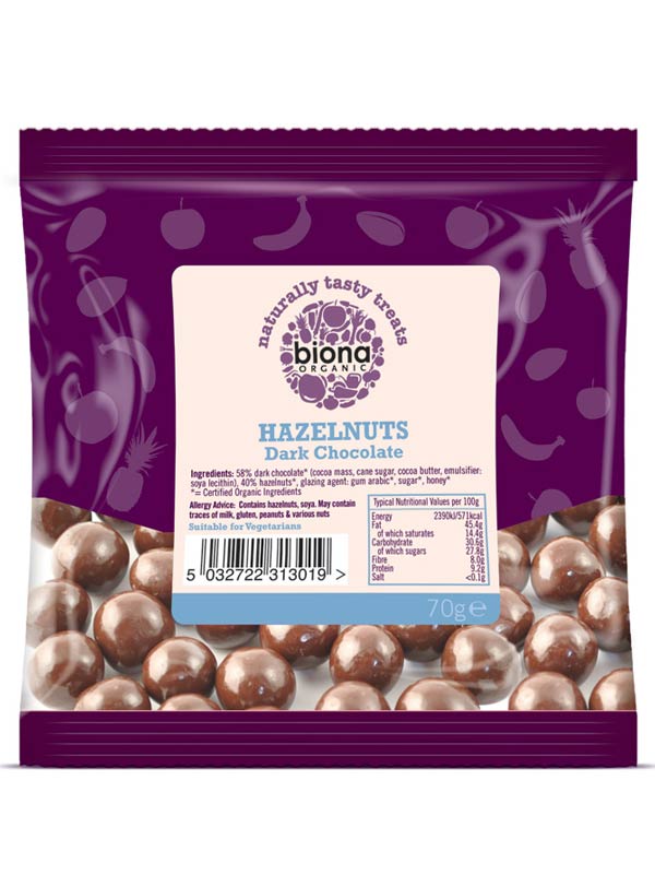 Dark Chocolate Covered Hazelnuts,  70g (Biona)