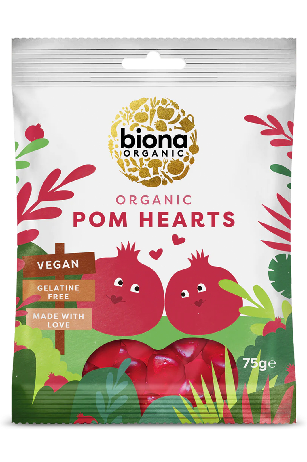Pomegranate Jelly Hearts,  75g (Biona)