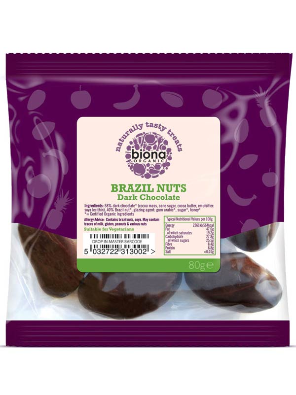 Dark Chocolate Covered Brazil Nuts,  80g (Biona)