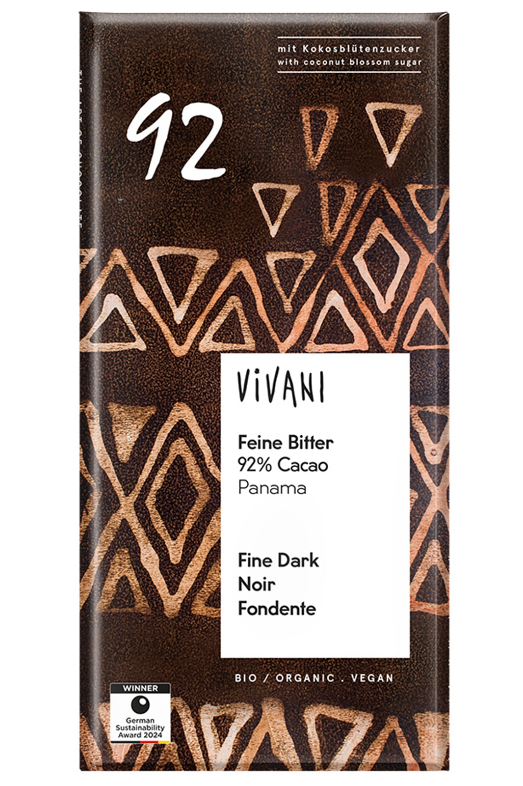 Vegan 92% Dark Chocolate Bar 80g, Organic (Vivani)
