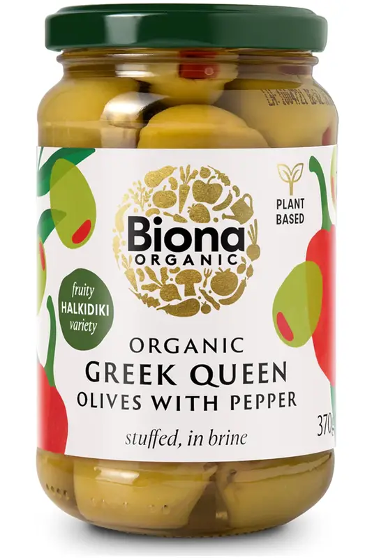 Organic Greek Queen Olives with Red Pepper 370g (Biona)