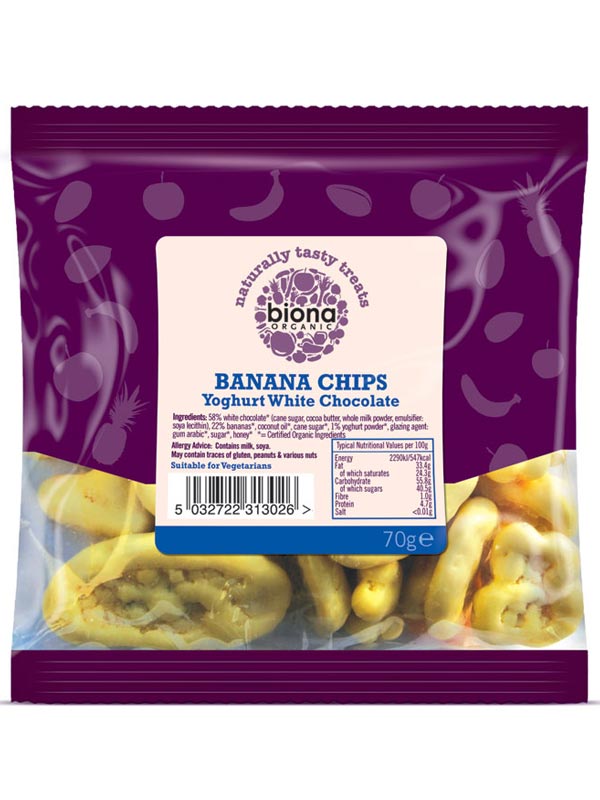 Yoghurt White Chocolate Coated Banana Chips, Organic 70g (Biona) Healthy Supplies