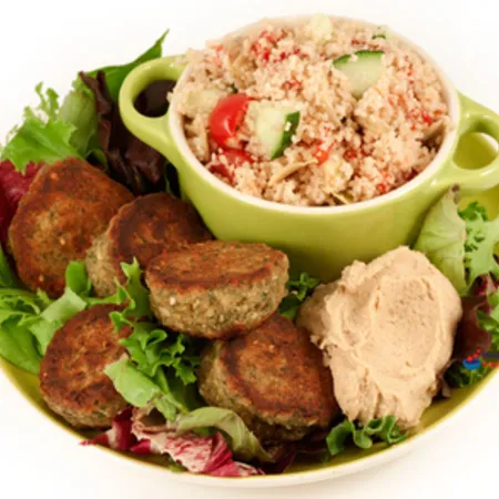 Falafel with Zahtar, Houmous and Cous Cous Salad