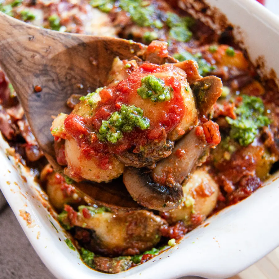 Vegan Pesto Gnocchi and Mushroom Bake