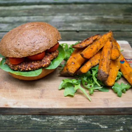 Spicy Amaranth Burgers with Harissa Sweet Potato Wedges