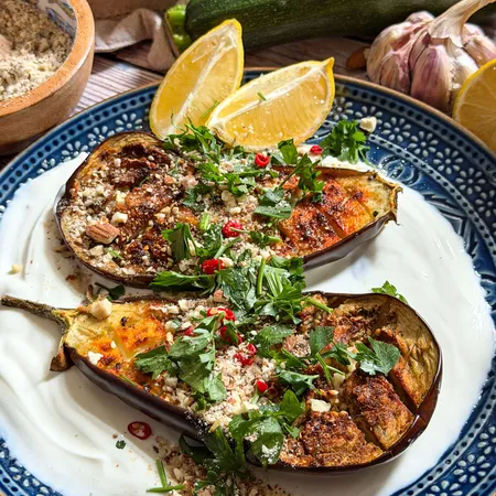 Roasted Aubergine with Almond Dukkah