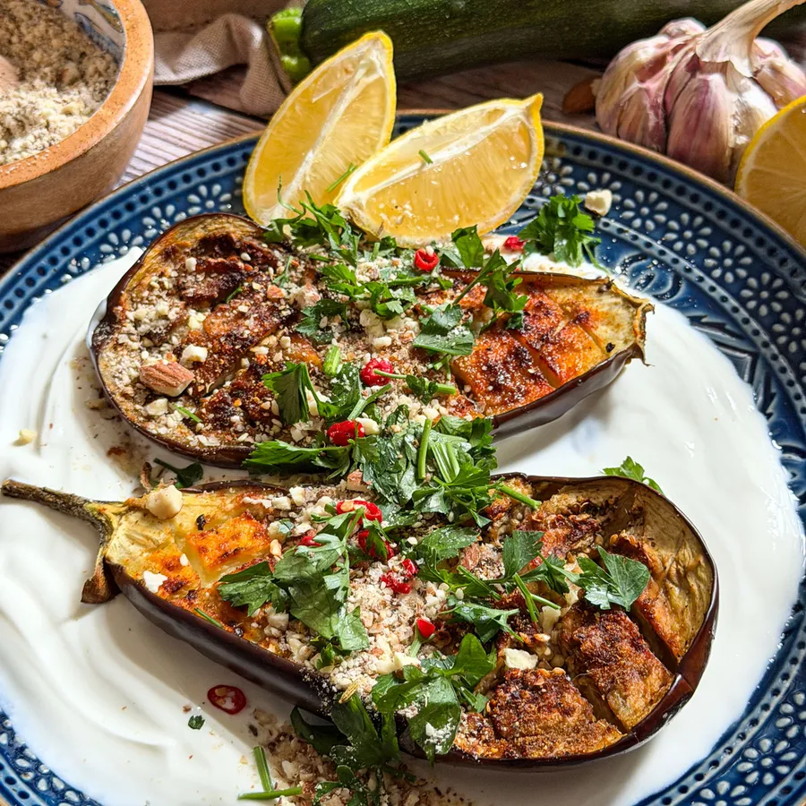 Roasted Aubergine with Almond Dukkah